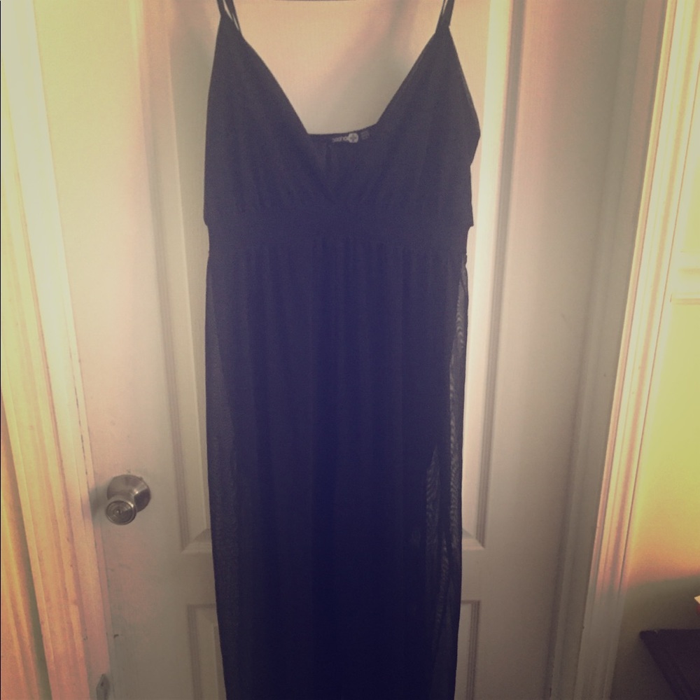 BooHoo + Deep Plunge Wide Leg Black Sheer Jumpsuit